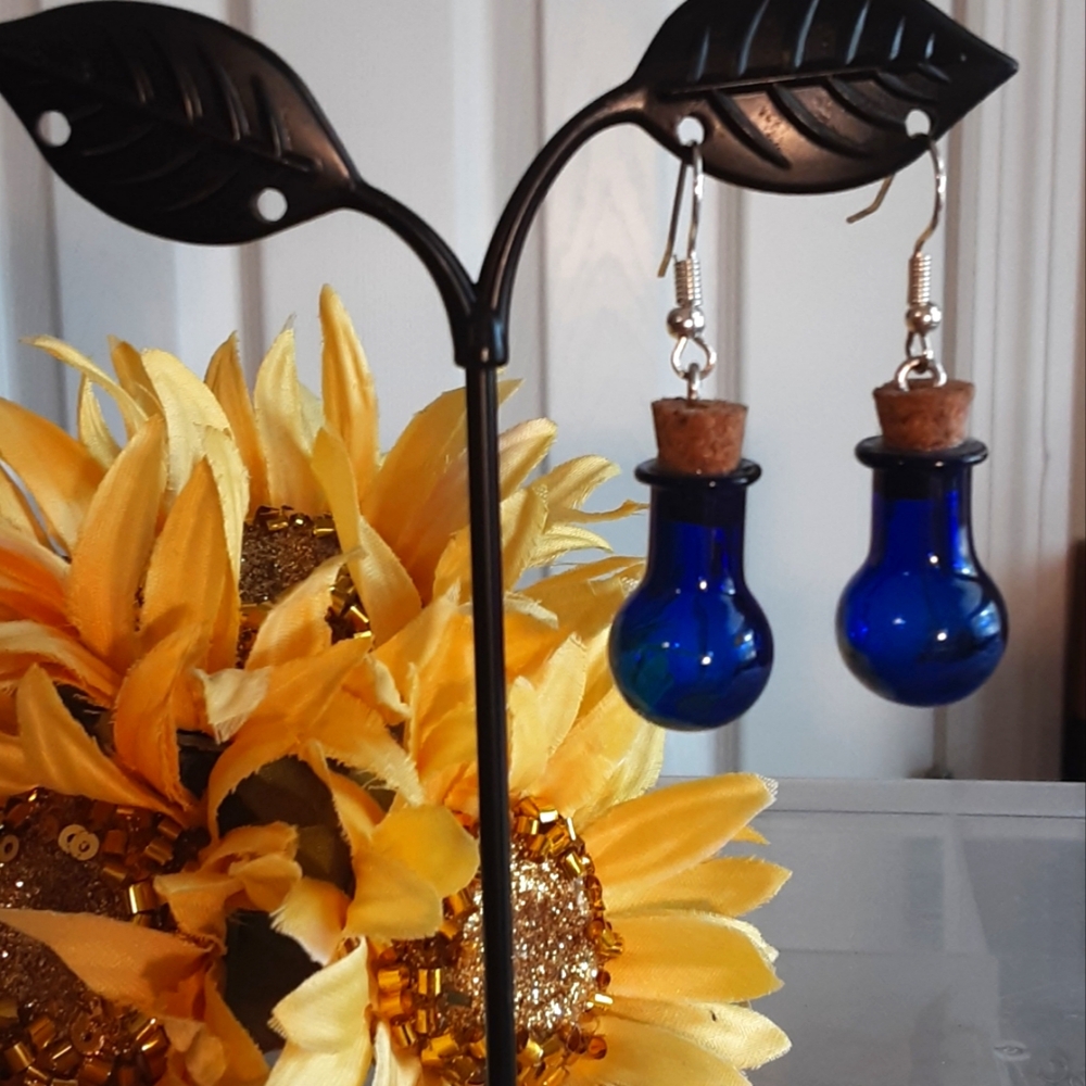 Hand Crafted Bottle Earrings Cobalt Blue Pierced